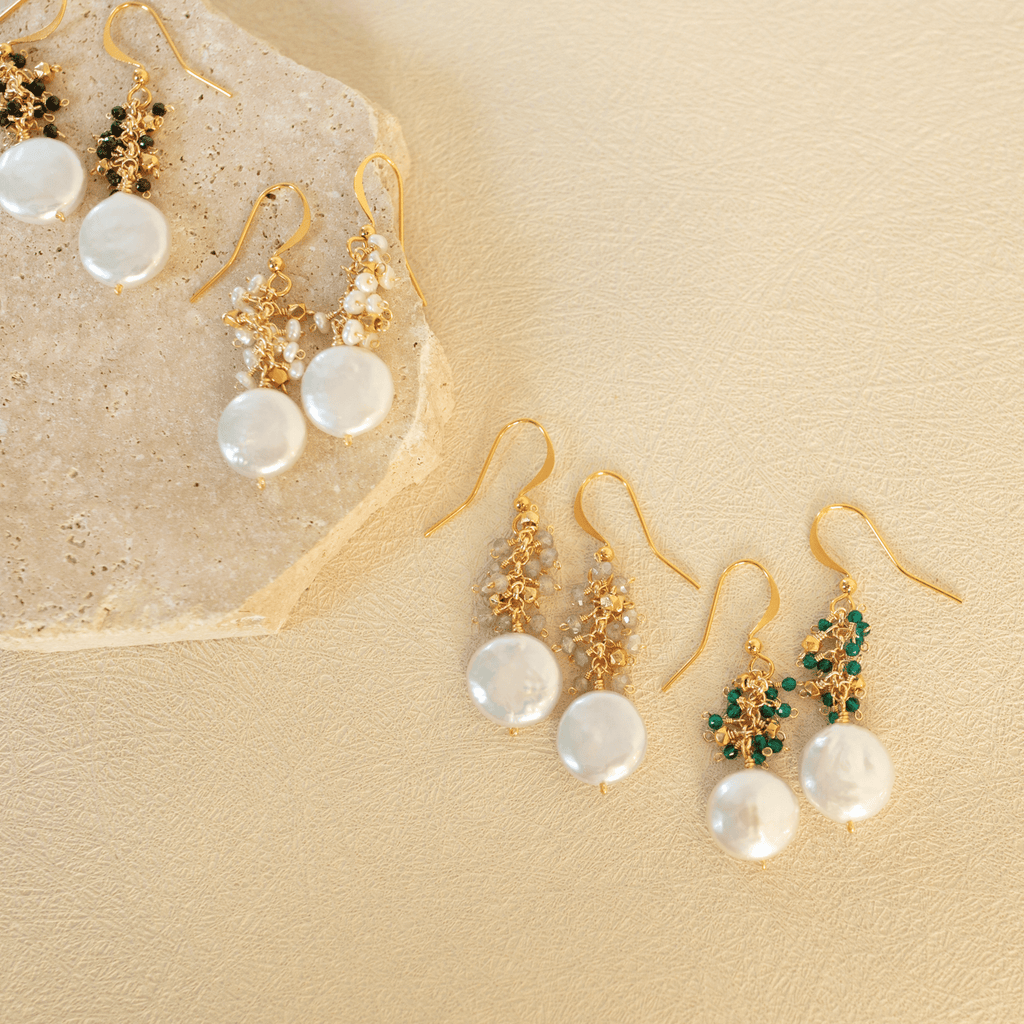 Gemstone and freshwater pearl cluster drop earrings in 14k gold vermeil - Everlyne (view 6)