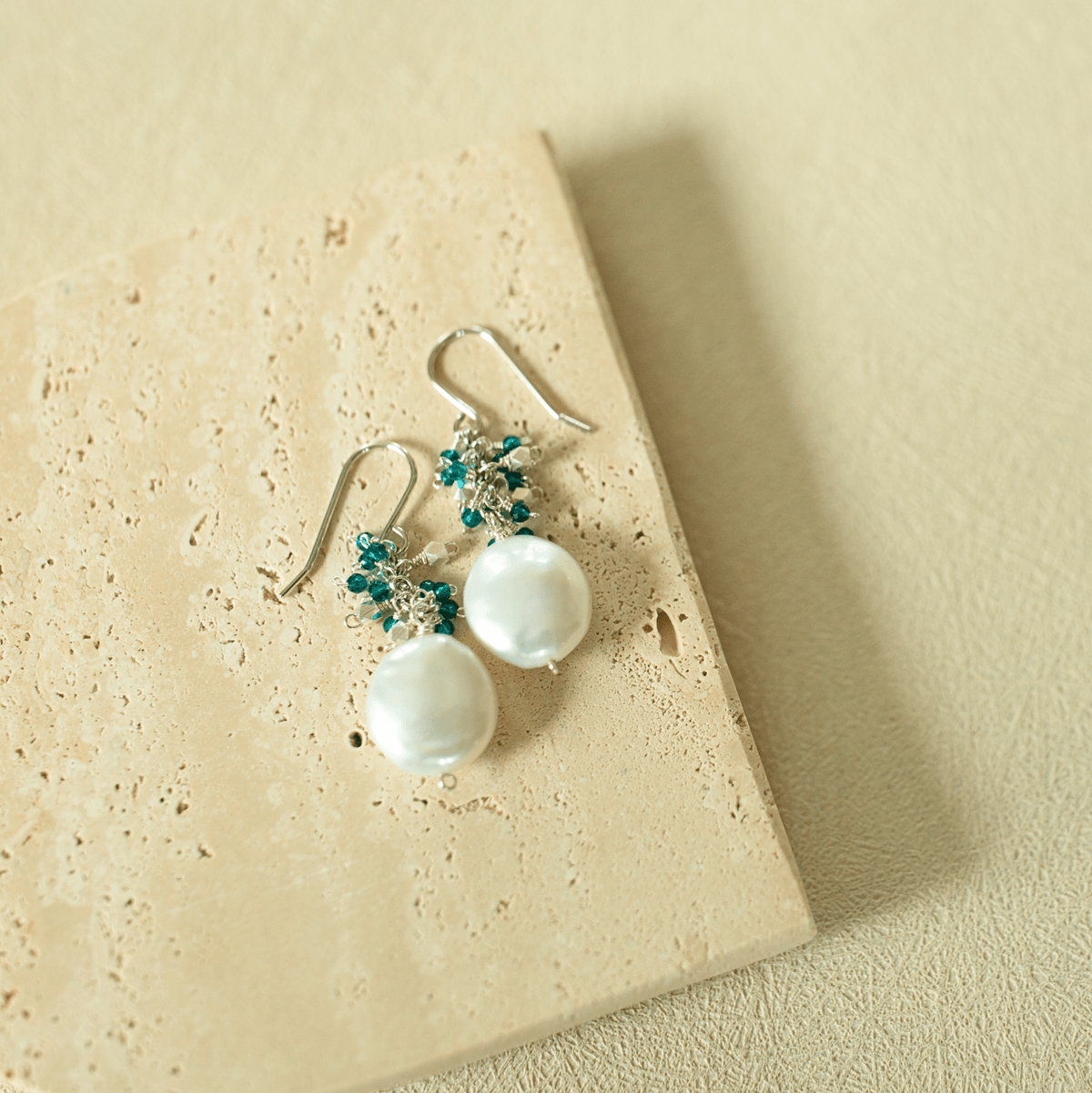 Gemstone and freshwater pearl cluster drop earrings in 14k gold vermeil - Everlyne (view 7)