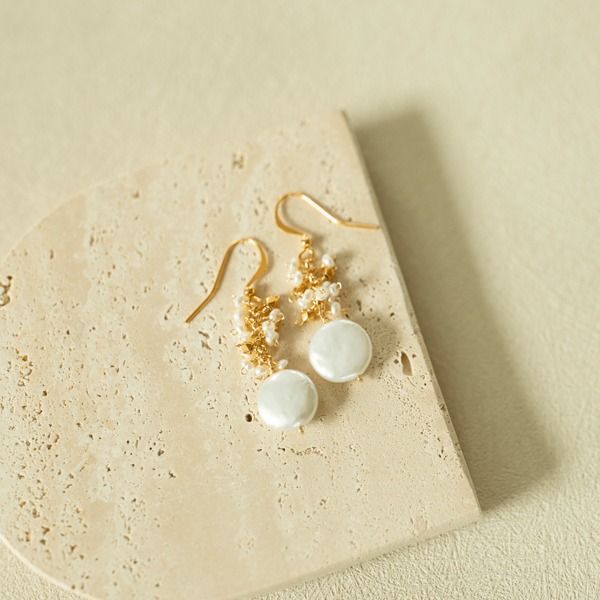 Gemstone and freshwater pearl cluster drop earrings in 14k gold vermeil - Everlyne (view 5)