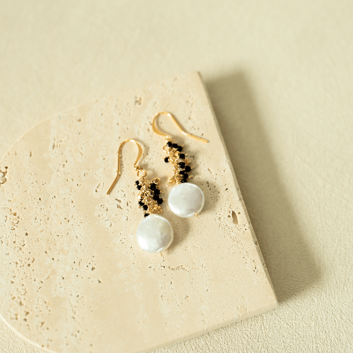 Gemstone and freshwater pearl cluster drop earrings in 14k gold vermeil - Everlyne (view 4)