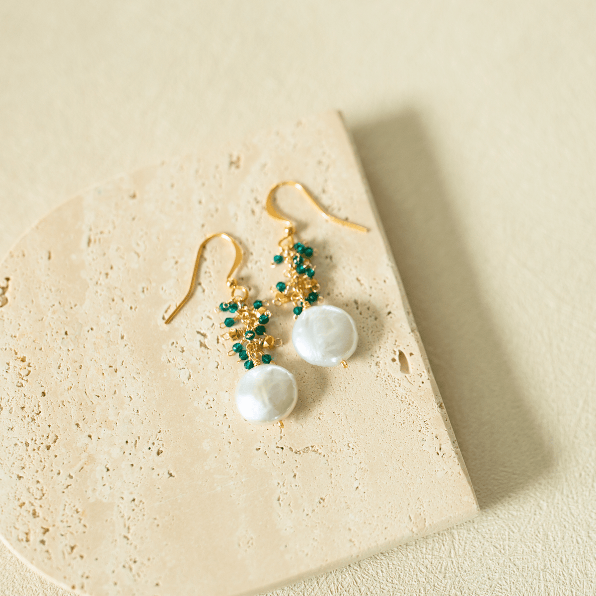 Gemstone and freshwater pearl cluster drop earrings in 14k gold vermeil - Everlyne (view 2)