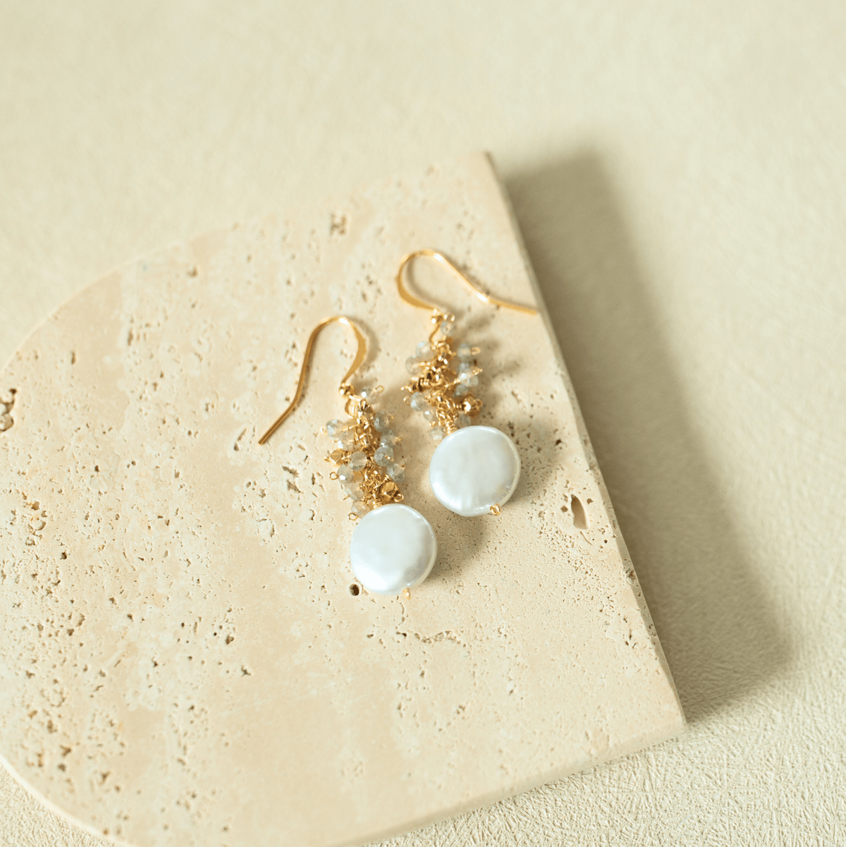 Gemstone and freshwater pearl cluster drop earrings in 14k gold vermeil - Everlyne (view 3)