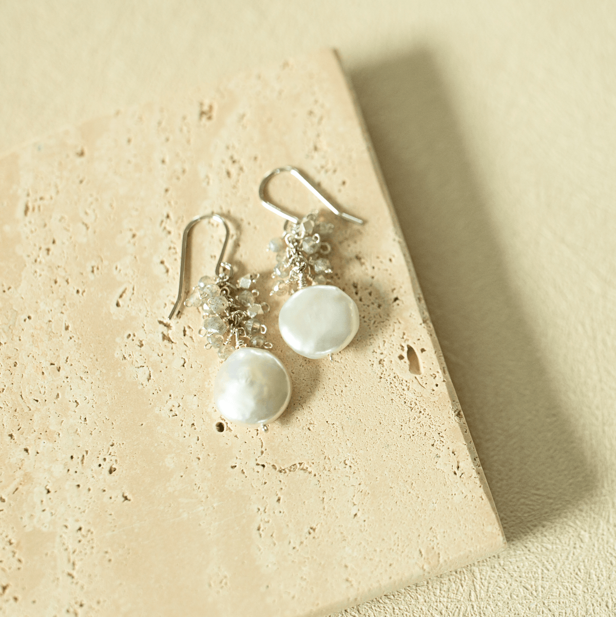 Gemstone and freshwater pearl cluster drop earrings in 14k gold vermeil - Everlyne (view 10)