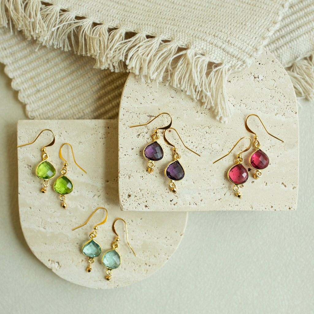 Natural gemstone drop earrings, detail view — Everlyne