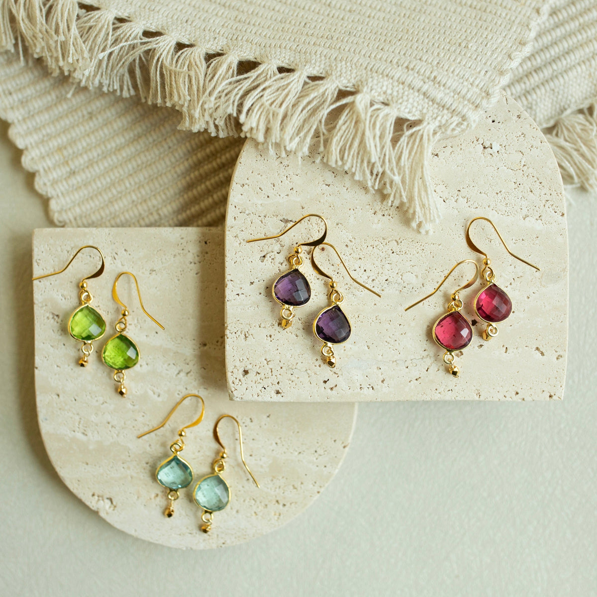 Natural gemstone drop earrings, detail view — Everlyne