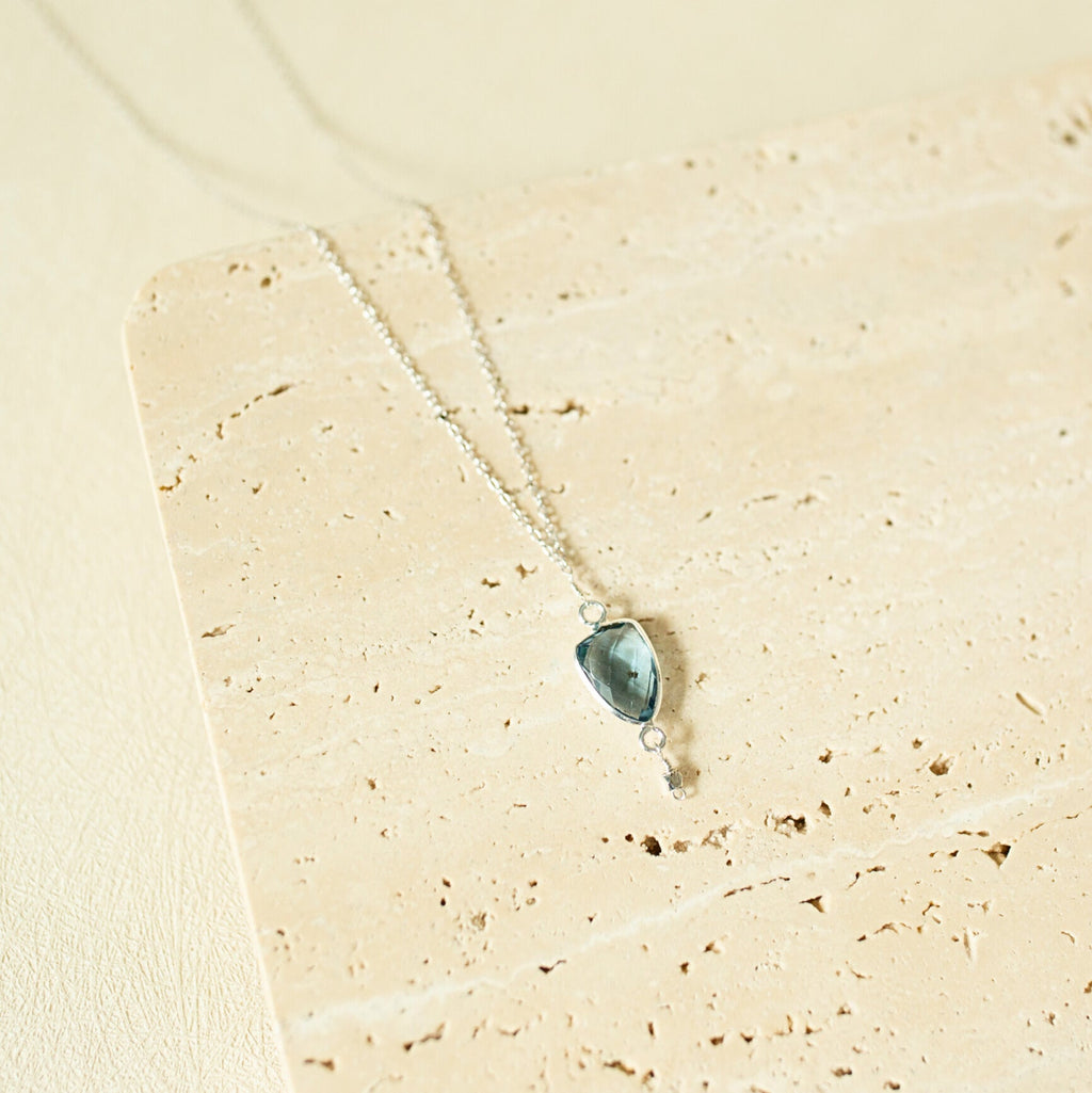 London Blue quartz Isla pendant necklace in rhodium-plated silver, handmade in the USA - Everlyne (view 2)
